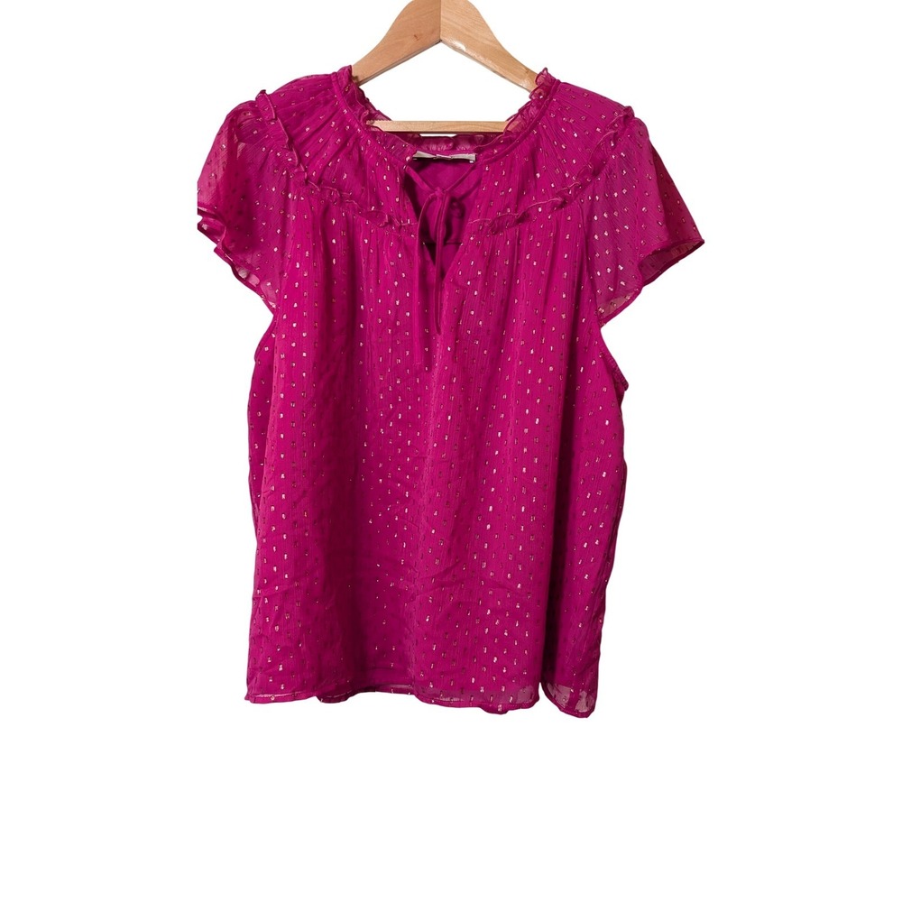LOFT Womens Magenta Pink Gold Metallic Clip Dot Flutter Sleeve Ruffle Blouse L